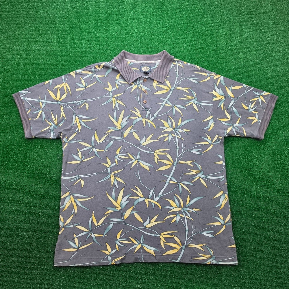 Vintage Tommy Bahama Relax Bamboo Shoot AOP Polo Shirt Mens XL Gray Yellow 90s